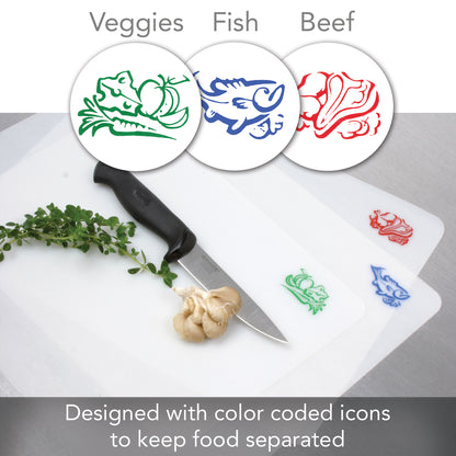 Cut N' Funnel Flexible Cutting Board Mats Set of 3, Clear Frosted with Food Icons, Made in the USA of BPA Free Food Grade Plastic, 11.5” x 15”