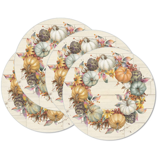 CounterArt Pumpkin Time 4 Pack Round Reversible Easy Care Flexible Placemats Made in the USA