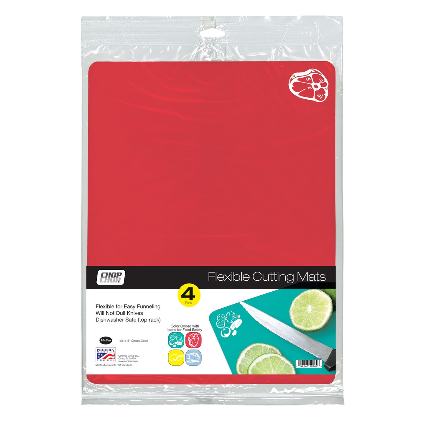 Cut N' Funnel Color Coded Flexible Plastic Cutting Board Mats with Food Icons 4 Pack Made in the USA Flexible, BPA Free, Dishwasher Safe 15" by 11.5"