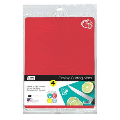 Cut N' Funnel Color Coded Flexible Plastic Cutting Board Mats with Food Icons 4 Pack Made in the USA Flexible, BPA Free, Dishwasher Safe 15" by 11.5"