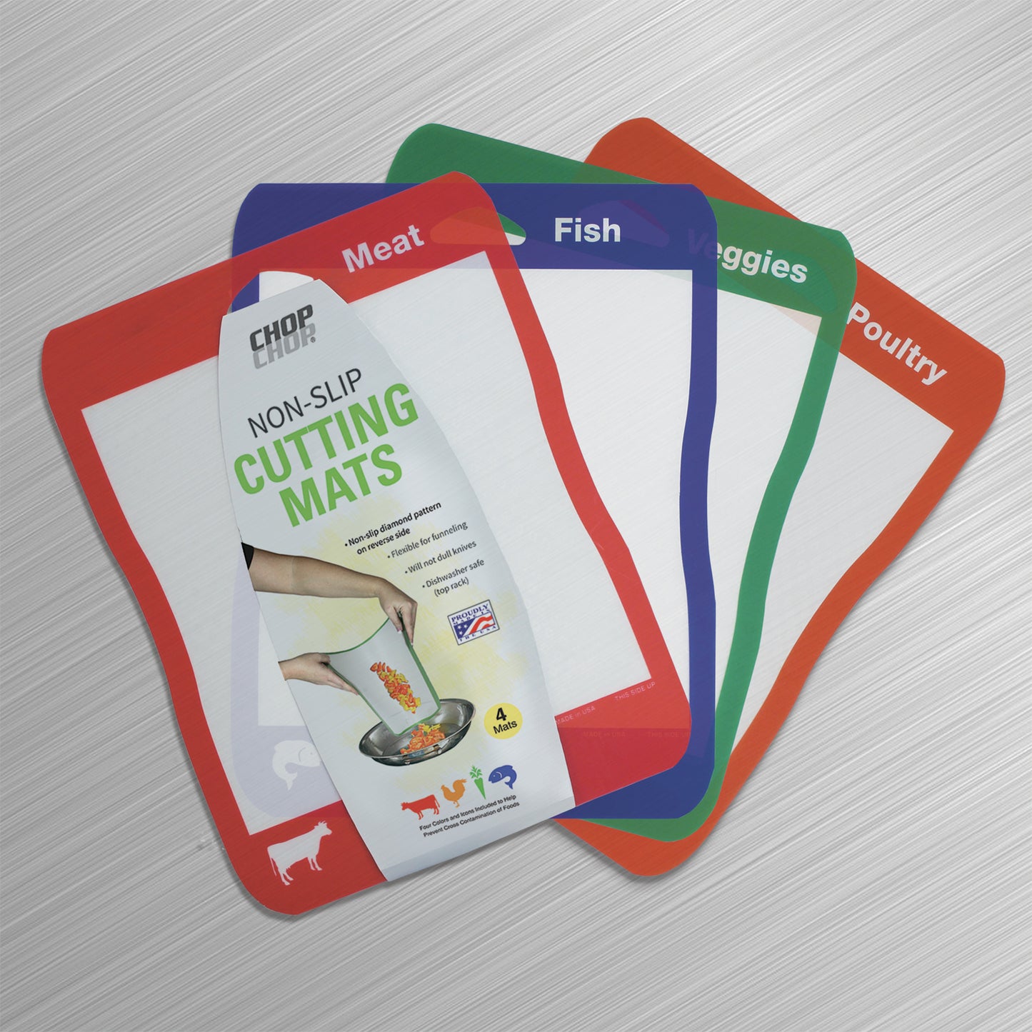 Cut N' Funnel Multi-Color Flexible Plastic Cutting Board Mats 4 Pack Made in the USA Colored Coded, BPA Free, 16” x 12”