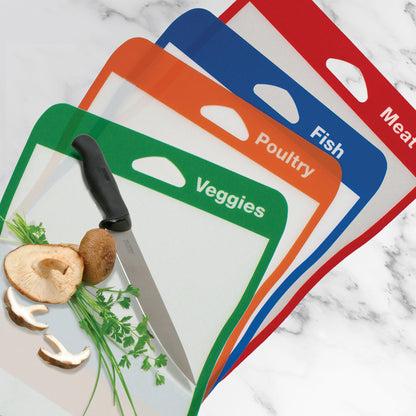 Cut N' Funnel Multi-Color Flexible Plastic Cutting Board Mats 4 Pack Made in the USA Colored Coded, BPA Free, 16” x 12”