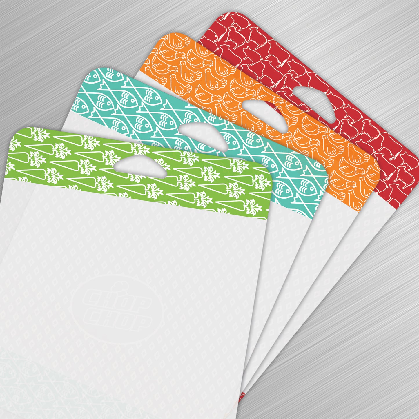 Cut N' Funnel Non-Slip Flexible Plastic Cutting Board Mat 4 Pack, Made in the USA Clear with Brightly Patterned Food Type Borders BPA Free 16" by 12"
