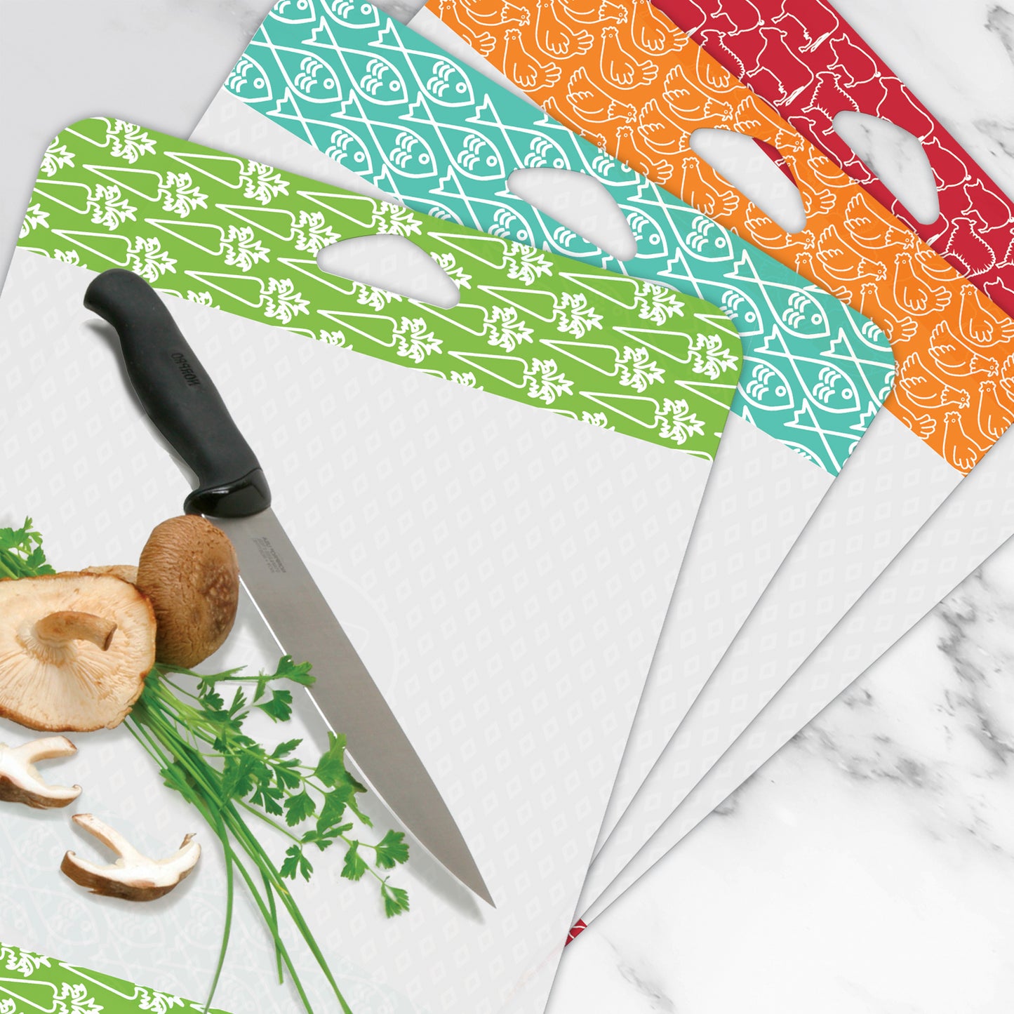 Cut N' Funnel Non-Slip Flexible Plastic Cutting Board Mat 4 Pack, Made in the USA Clear with Brightly Patterned Food Type Borders BPA Free 16" by 12"