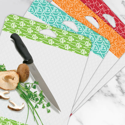 Cut N' Funnel Non-Slip Flexible Plastic Cutting Board Mat 4 Pack, Made in the USA Clear with Brightly Patterned Food Type Borders BPA Free 16" by 12"