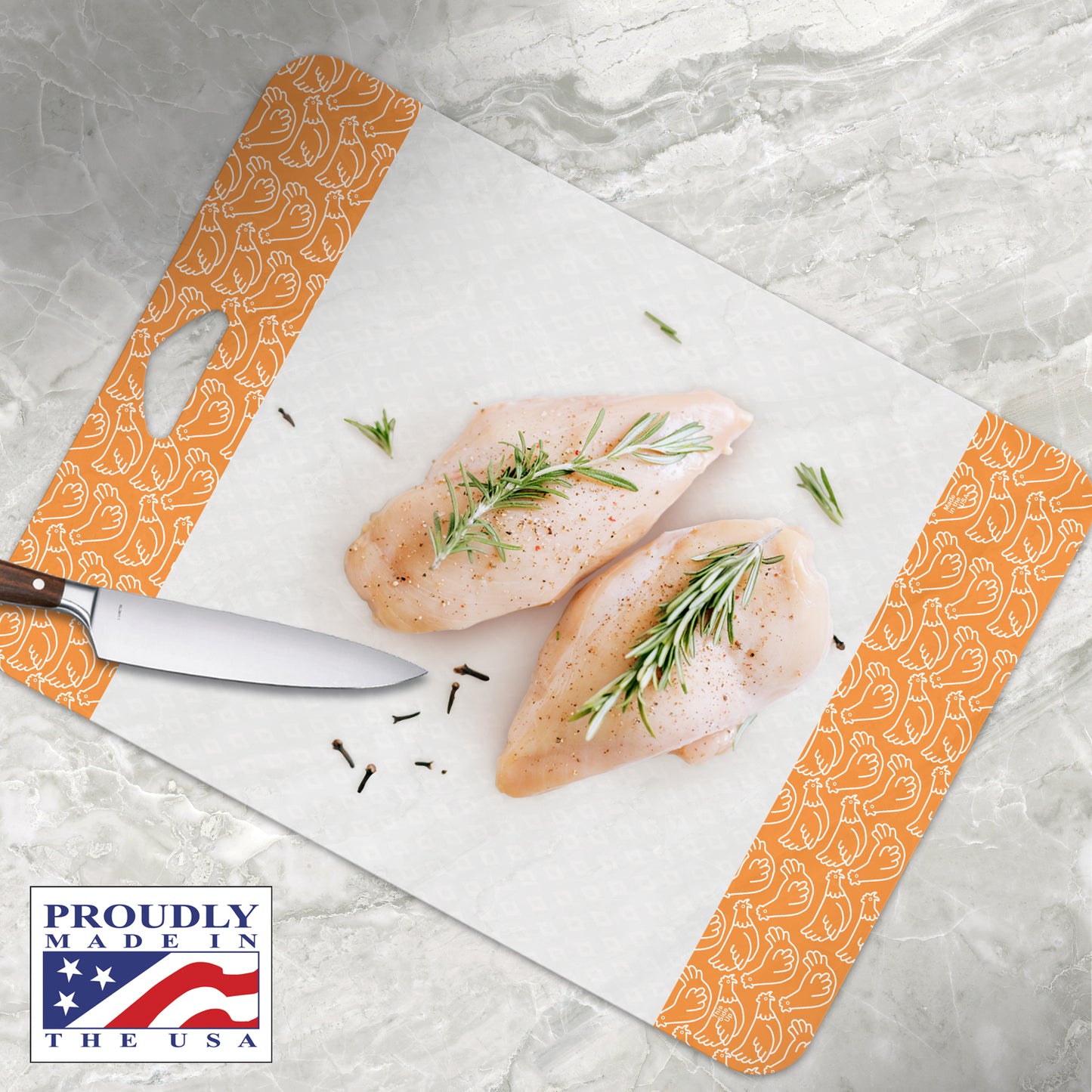 Cut N' Funnel Non-Slip Flexible Plastic Cutting Board Mat 4 Pack, Made in the USA Clear with Brightly Patterned Food Type Borders BPA Free 16" by 12"