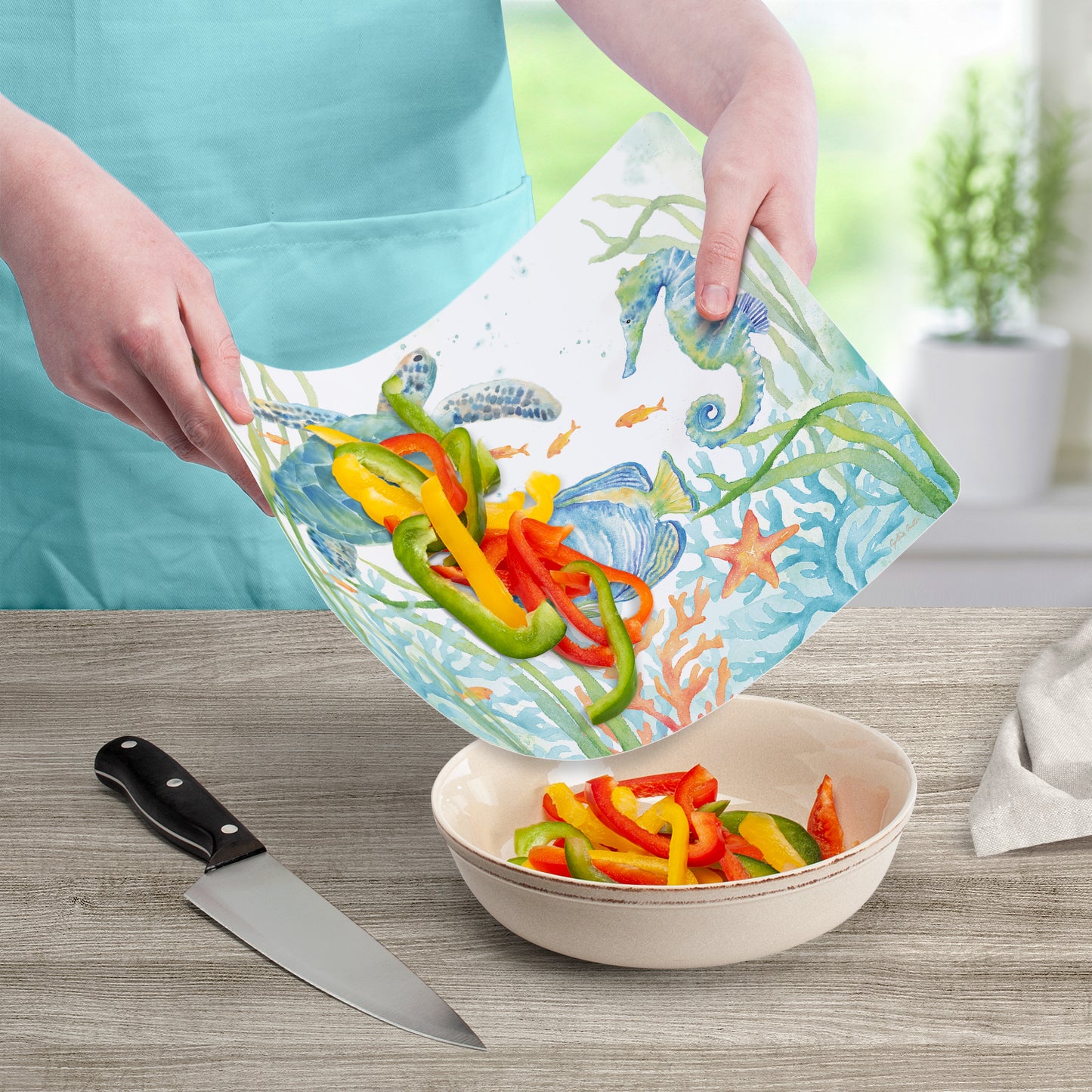 Cut N' Funnel Sea Life Serenade Designer Flexible Plastic Cutting Board Mat, 15" x 11.5", Made in the USA, Decorative, Flexible, Easy to Clean