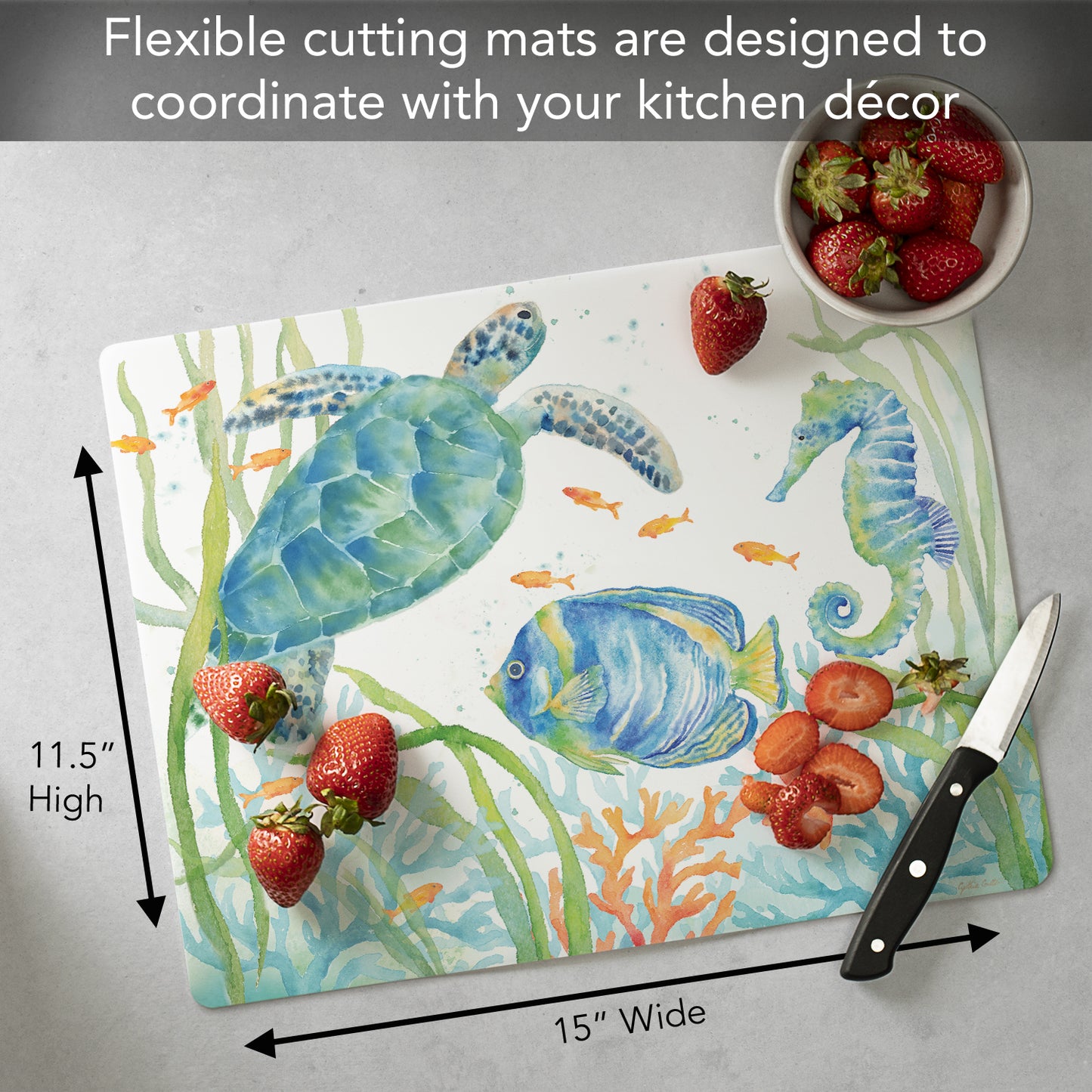 Cut N' Funnel Sea Life Serenade Designer Flexible Plastic Cutting Board Mat, 15" x 11.5", Made in the USA, Decorative, Flexible, Easy to Clean