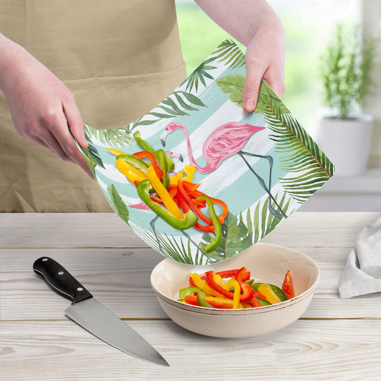 Cut N' Funnel Flamingos & Stripes Designer Flexible Plastic Cutting Board Mat, 15" x 11.5", Made in the USA, Decorative, Flexible, Easy to Clean