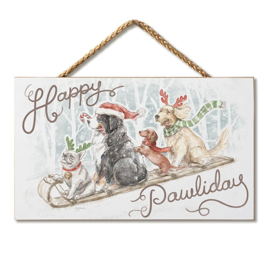 CounterArt Happy Pawliday Decorative Hanging Wood Sign 9.5” by 5.75” Made in the USA Features Braided Rope Hanger