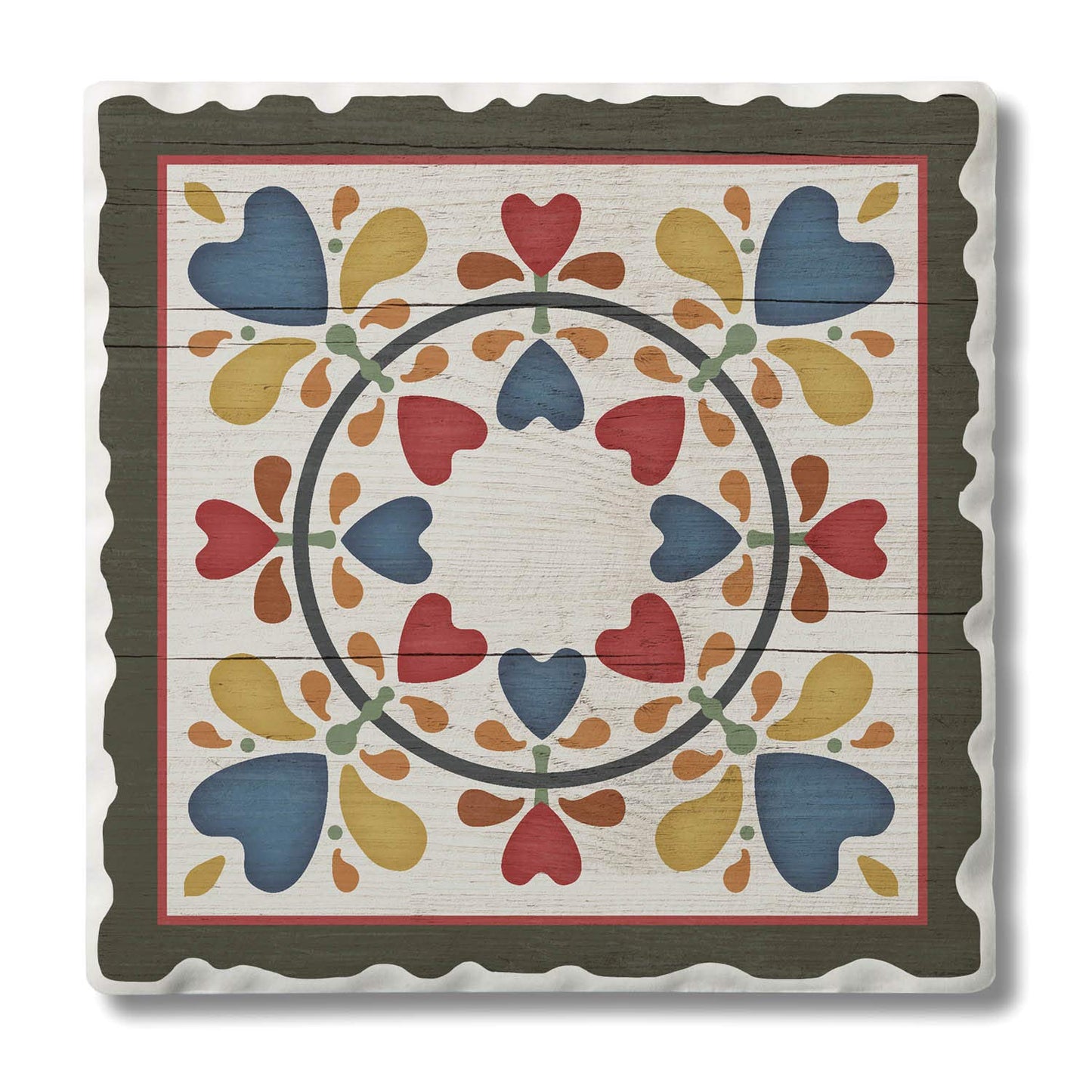 Thirstystone Quilt Design Folk Hearts & Flowers Single Tumbled Tile Stone Coaster with Protective Cork Backing Manufactured in The USA 4" Square, Artistic, Easily Wipes Clean