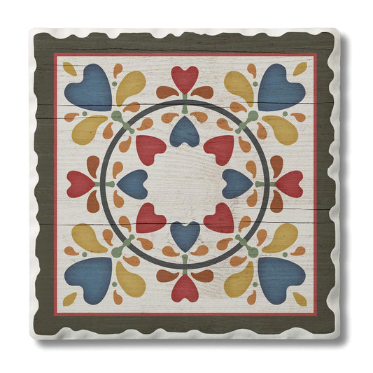 Thirstystone Quilt Design Folk Hearts & Flowers Single Tumbled Tile Stone Coaster with Protective Cork Backing Manufactured in The USA 4" Square, Artistic, Easily Wipes Clean