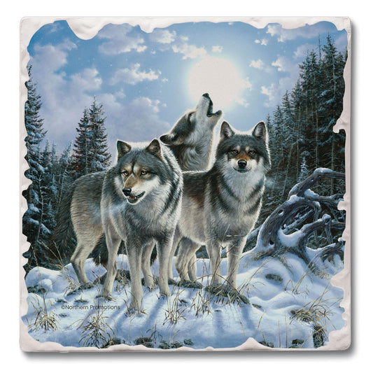 Thirstystone Midnight Wolves Single Tumbled Tile Stone Coaster with Protective Cork Backing Manufactured in The USA 4" Square