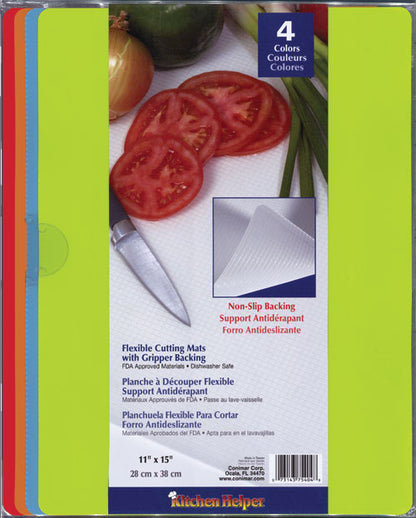 Cut N' Funnel Multi-Color Non-Skid Flexible Cutting Board Mat 4 Pack Made in the USA Color Coded, Flexible. Dishwasher Safe