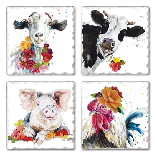 Thirstystone Fancy Farm Multi-Image Absorbent Stone Tumbled Tile Coaster 4 Pack with Protective Cork Backing Manufactured in The USA