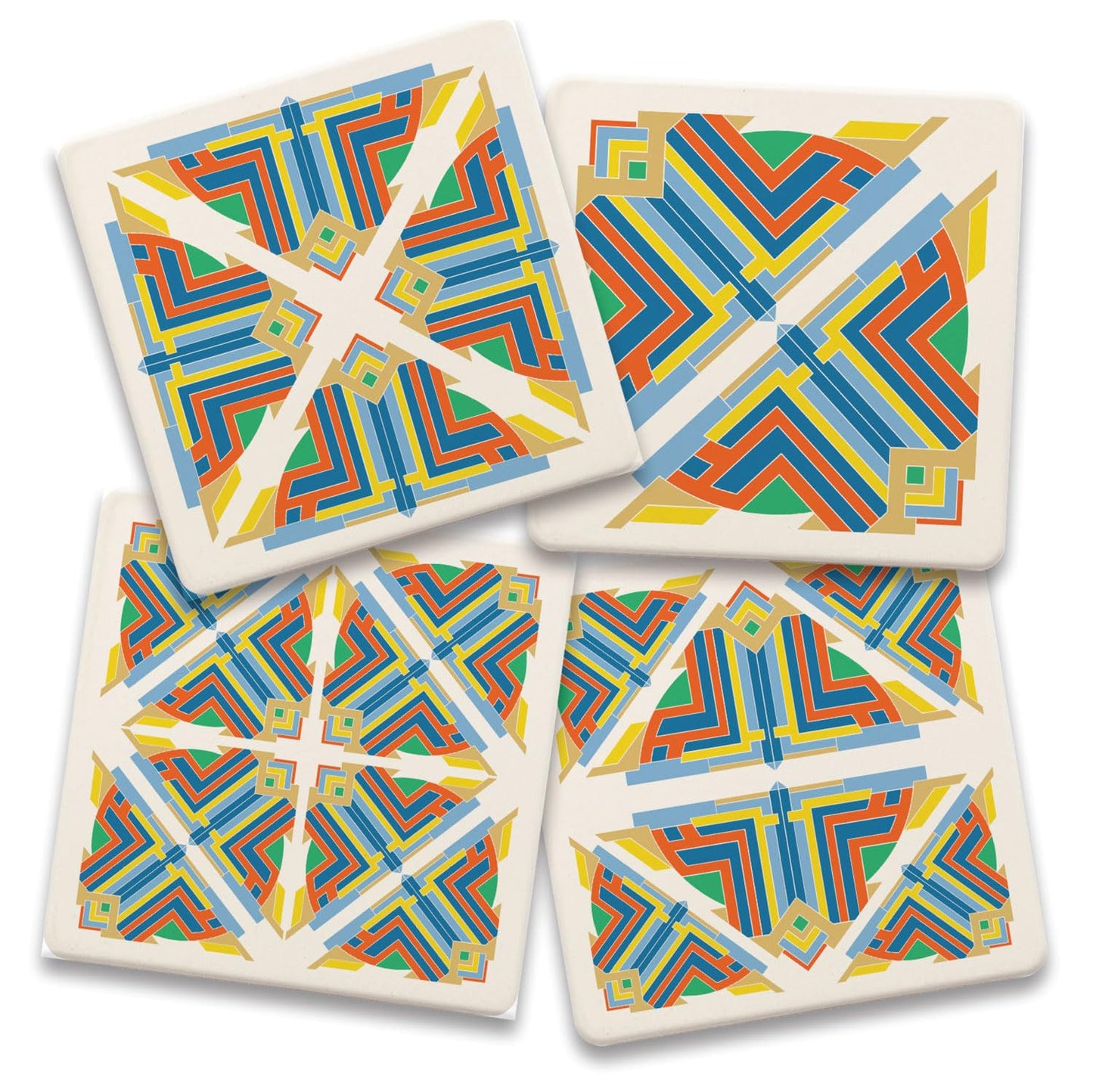 OYA Pier Carving from F.L.W. Foundation on 4-Pack Assorted Stone Coasters with Protective Cork Backing Manufactured in The USA Absorbent Easily Wipes Clean