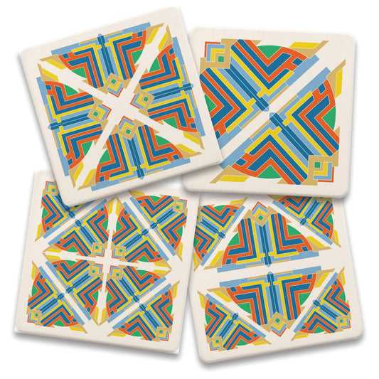 OYA Pier Carving from F.L.W. Foundation on 4-Pack Assorted Stone Coasters with Protective Cork Backing Manufactured in The USA Absorbent Easily Wipes Clean