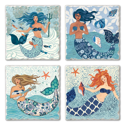 Thirstystone Mermaid Island 4 Pack Assorted Tumbled Tile Stone Coasters 4" Square
