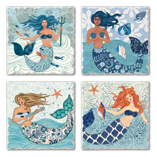 Thirstystone Mermaid Island 4 Pack Assorted Tumbled Tile Stone Coasters 4" Square