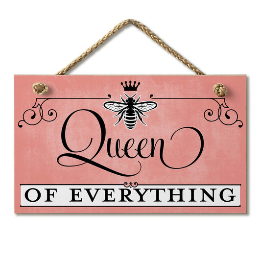 CounterArt Queen Of Everything Decorative Hanging Wood Wall Sign 9.5” x 5.75” Made in the USA Featured Braided Rope Hanger