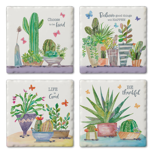 Thirstystone Desert Flora 4-Pack Tumbled Tile Stone Coasters 4" Square
