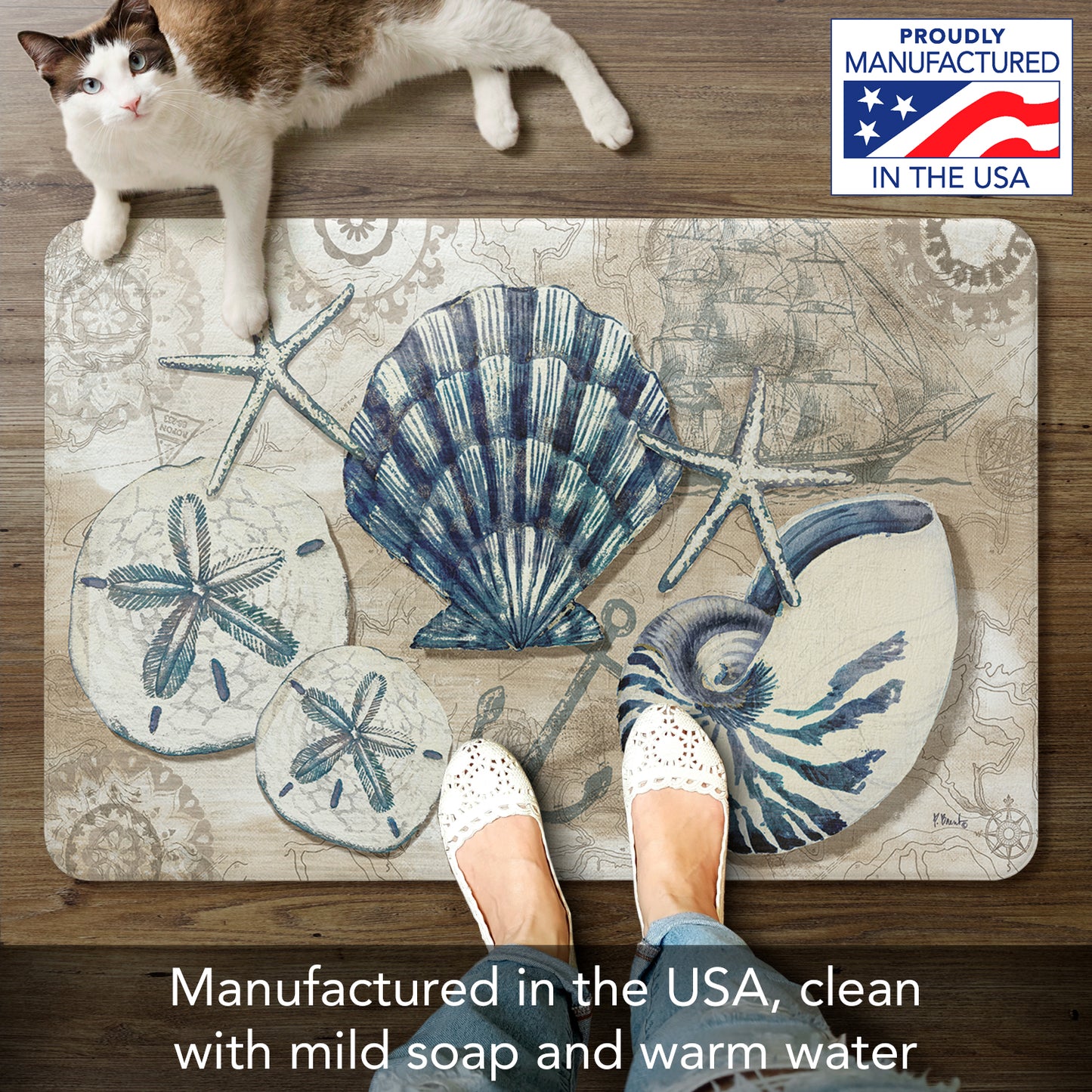 CounterArt Tide Pool Shells 30” x 20” Decorative Vinyl Comfort Floor Mat Manufactured in The USA, Waterproof, Easy to Clean