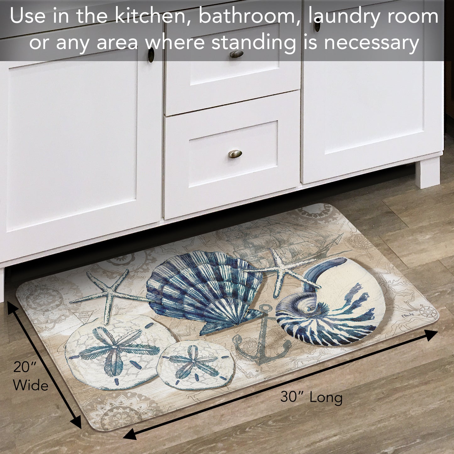 CounterArt Tide Pool Shells 30” x 20” Decorative Vinyl Comfort Floor Mat Manufactured in The USA, Waterproof, Easy to Clean
