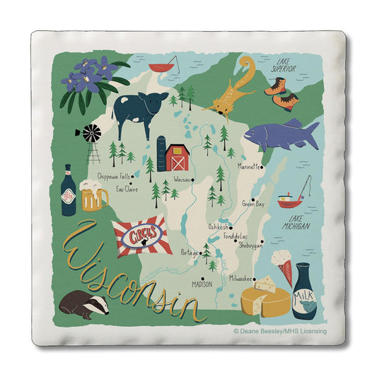 Thirstystone Wisconsin Home State 4 Pack Tumbled Tile Stone Coasters 4" Square Manufactured in the USA