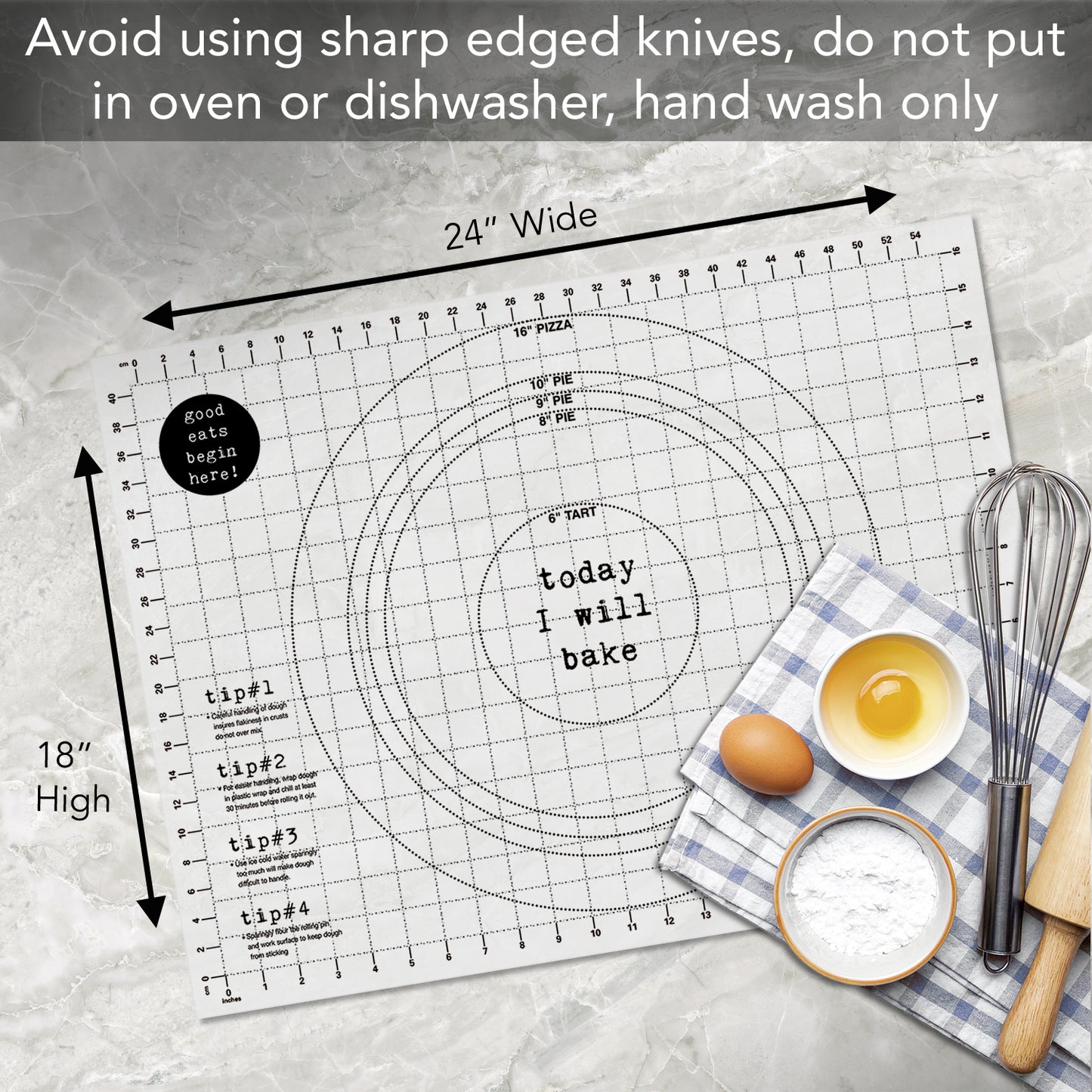 Cut N' Funnel "Today I Will Bake" Large Premium Pastry Mat 24" by 18" Made in the USA Non-slip Food Grade Flexible Plastic for Rolling, Kneading, Shaping and Cutting Dough
