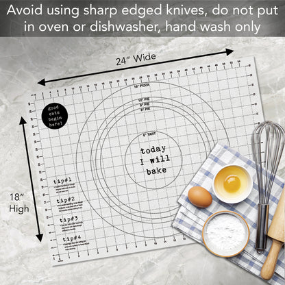 Cut N' Funnel "Today I Will Bake" Large Premium Pastry Mat 24" by 18" Made in the USA Non-slip Food Grade Flexible Plastic for Rolling, Kneading, Shaping and Cutting Dough