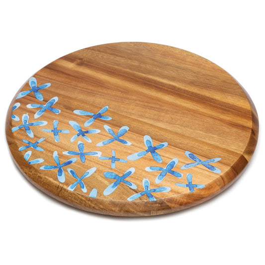 Thirstystone Acacia Wood Lazy Susan Turntable with Decorative Blue Floral Design 14" Diameter Condiment Caddy, Server, Kitchen Organizer