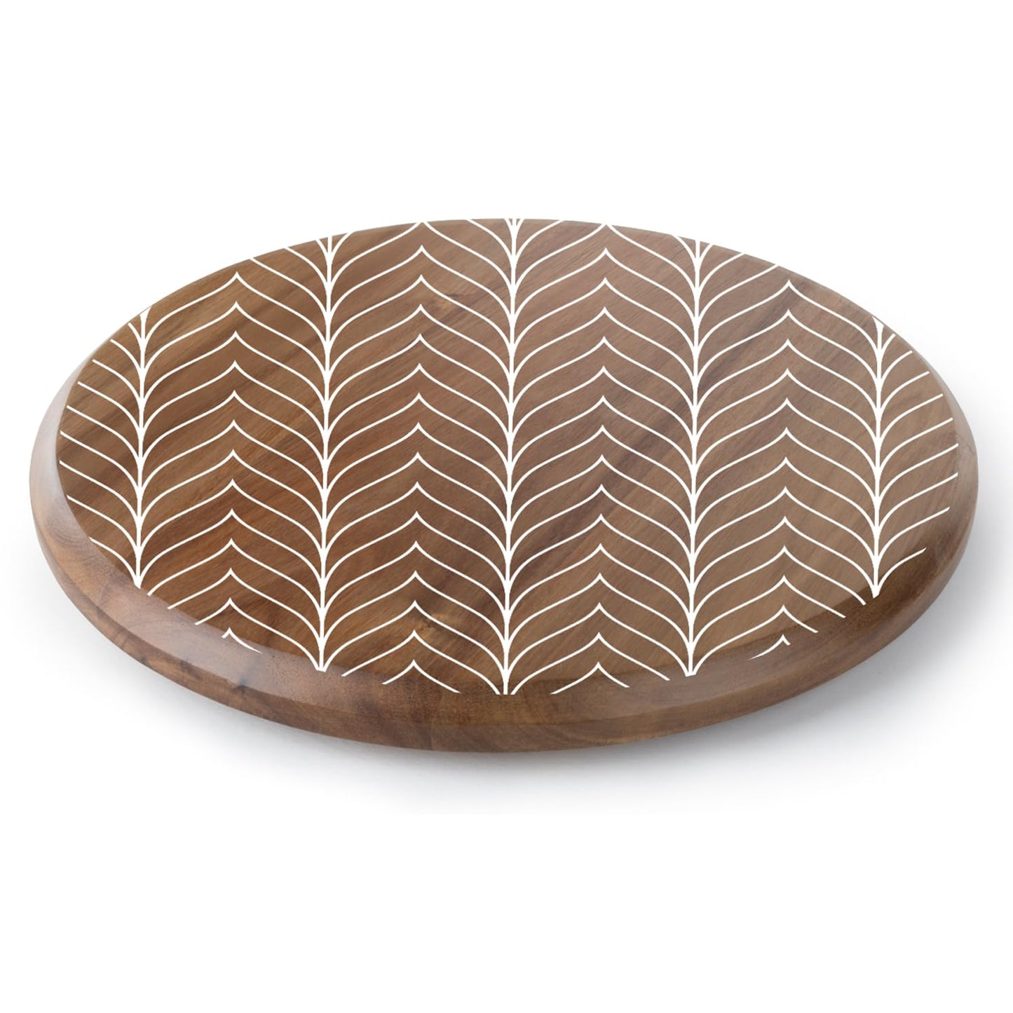 CounterArt White Chevron Round Acacia Wood Lazy Susan Turntable 14" Diameter for Serving Kitchen Organization Condiment Caddy
