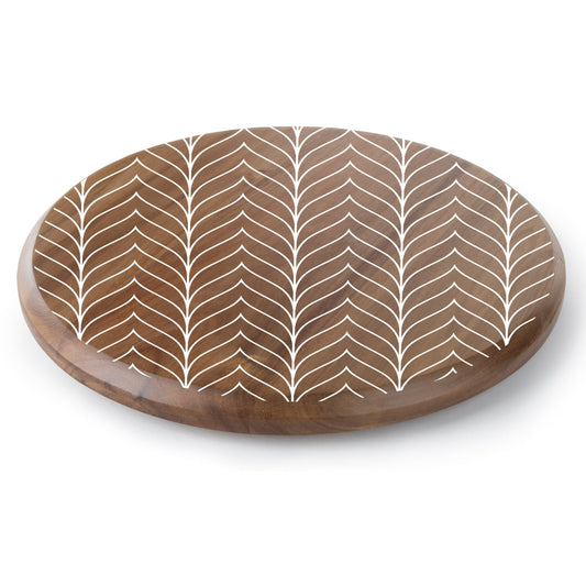 CounterArt White Chevron Round Acacia Wood Lazy Susan Turntable 14" Diameter for Serving Kitchen Organization Condiment Caddy