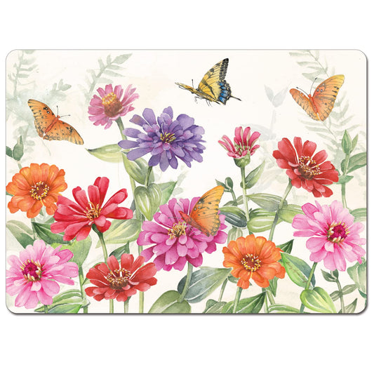 Cala Home Zinnias & Butterflies Premium Decorative Hardboard Tabletop Placemats 4-Pack Manufactured in The USA Heat Tolerant and Easily Wipes Clean