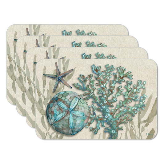 CounterArt Beach Shells 4 Pack Reversible Easy Care Flexible Placemats Made in the USA