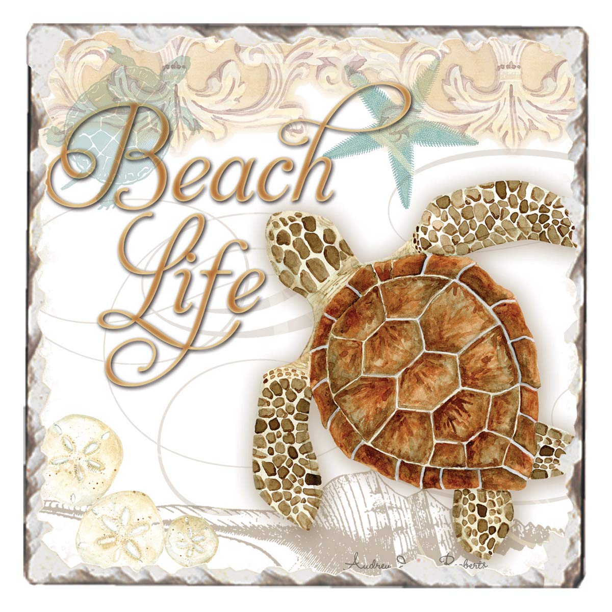 Thirstystone Beach Life Turtle Single Tumbled Tile Stone Coaster with Protective Cork Backing Manufactured in The USA 4" Square, Colorful, Artistiic, Easily Wipes Clean