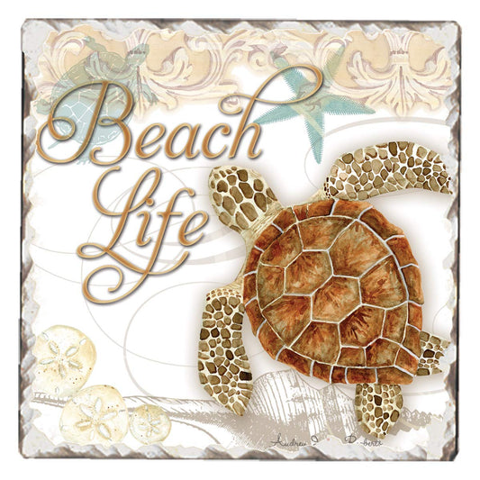 Thirstystone Beach Life Turtle Single Tumbled Tile Stone Coaster with Protective Cork Backing Manufactured in The USA 4" Square, Colorful, Artistiic, Easily Wipes Clean