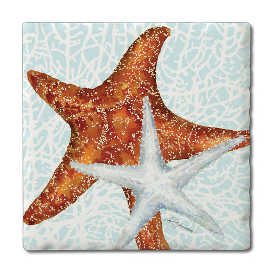Thirstystone Seas The Day Starfish 4-Pack Tumbled Tile Stone Coasters 4" Square Manufactured in the USA