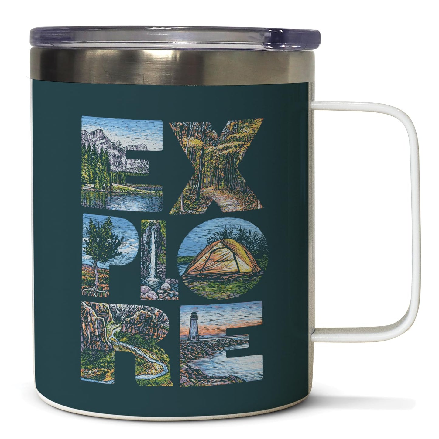 Highland Home Decorative Stainless Steel Insulated Travel Mug with Lid and Handle 12 oz. Manufactured in the USA Dishwasher Safe (Explore)