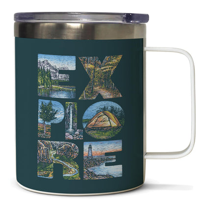 Highland Home Decorative Stainless Steel Insulated Travel Mug with Lid and Handle 12 oz. Manufactured in the USA Dishwasher Safe (Explore)