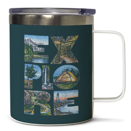 Highland Home Decorative Stainless Steel Insulated Travel Mug with Lid and Handle 12 oz. Manufactured in the USA Dishwasher Safe (Explore)