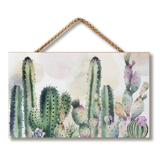CounterArt Watercolor Cactus Decorative Hanging Wood Wall with Braided Rope Hanger Sign 9.5” by 5.75” Made in the USA