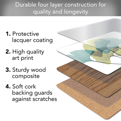 CounterArt Gingko Premium Decorative Hardboard Tabletop Placemats 4-Pack Manufactured in The USA Heat Tolerant and Easily Wipes Clean
