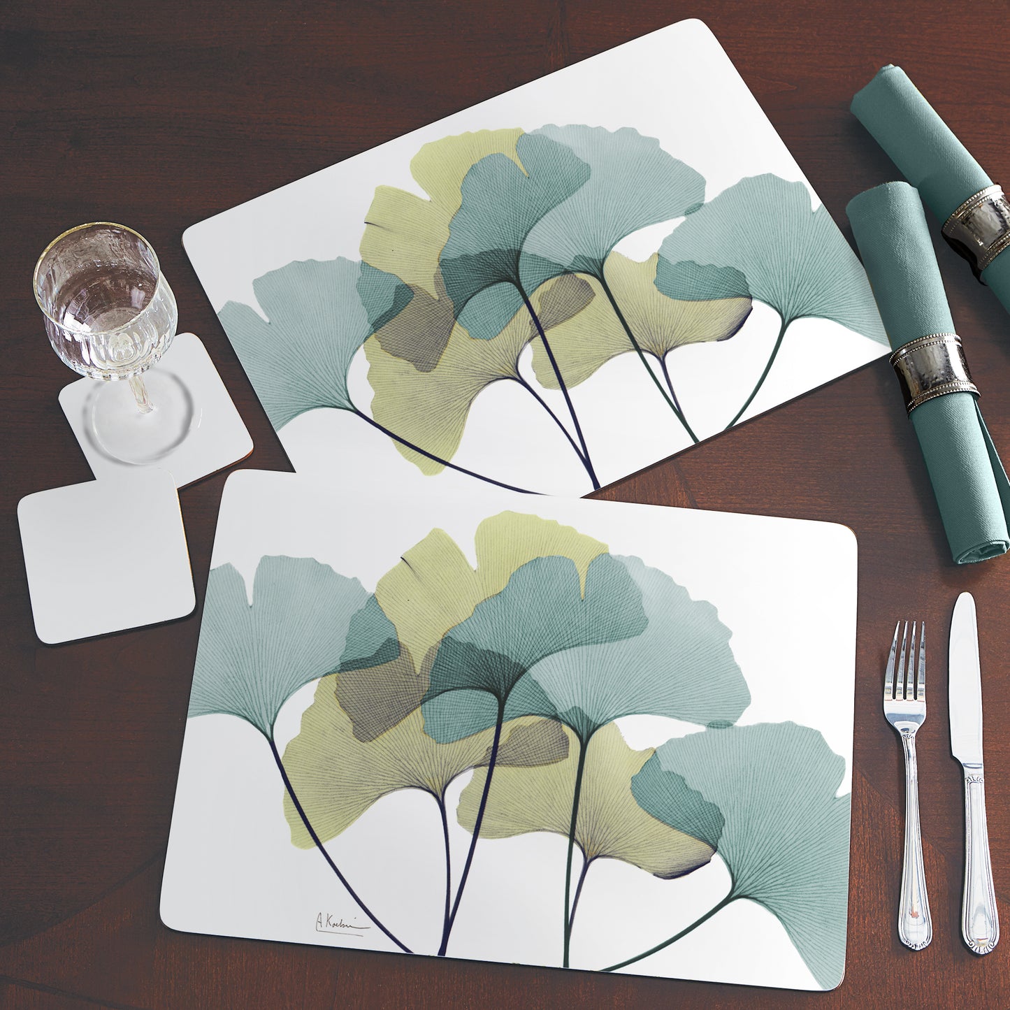CounterArt Gingko Premium Decorative Hardboard Tabletop Placemats 4-Pack Manufactured in The USA Heat Tolerant and Easily Wipes Clean