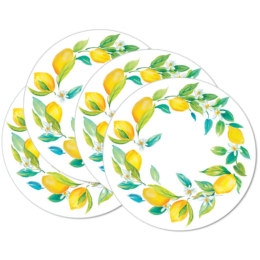 CounterArt Lovely Lemons 4 Pack Round Reversible Easy Care Placemats Made in the USA
