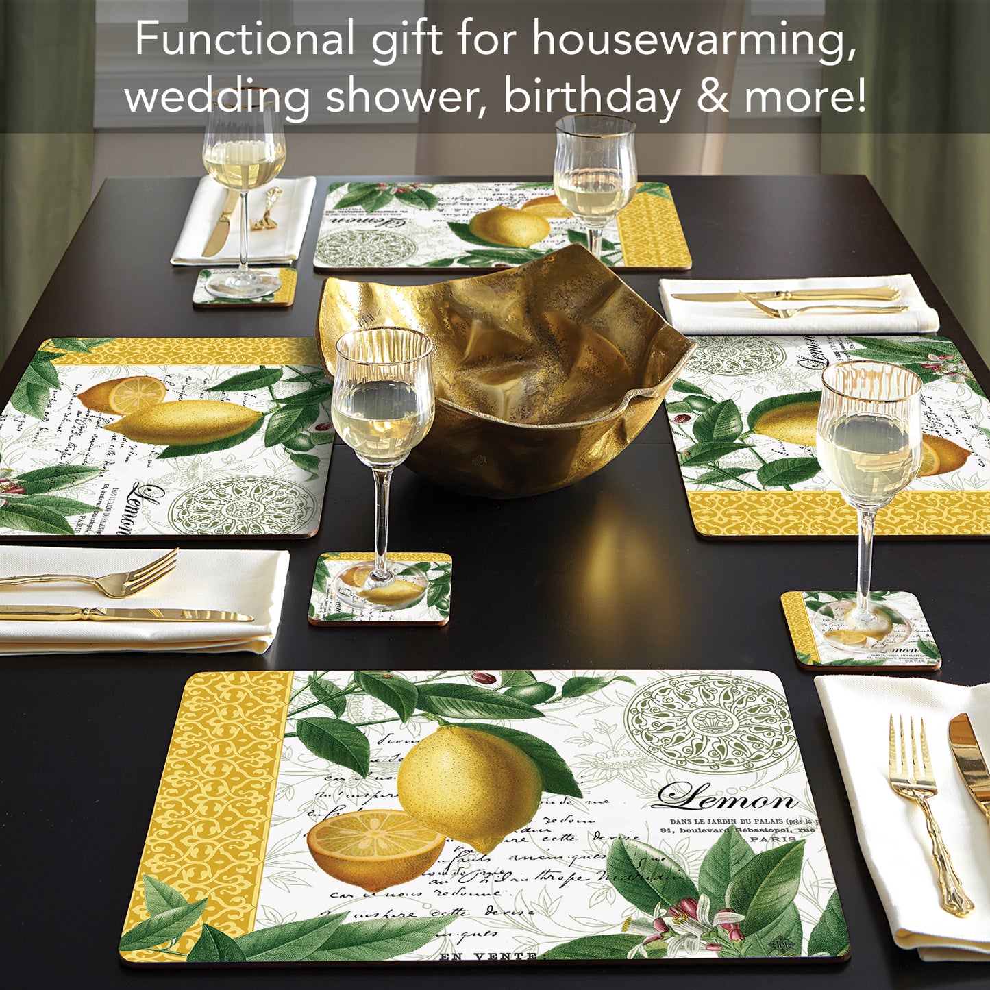 Cala Home Citron Premium Decorative Hardboard Tabletop Placemats 4-Pack Manufactured in The USA Heat Tolerant and Easily Wipes Clean