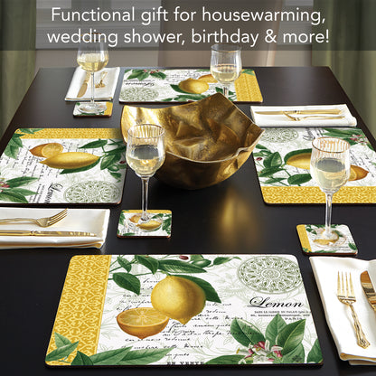 Cala Home Citron Premium Decorative Hardboard Tabletop Placemats 4-Pack Manufactured in The USA Heat Tolerant and Easily Wipes Clean