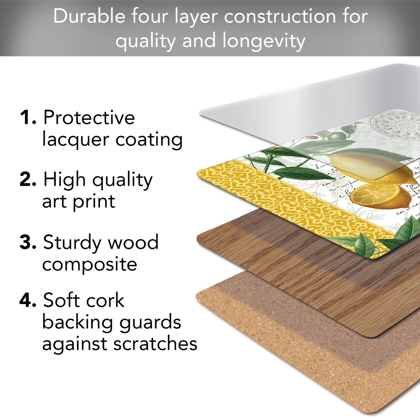 Cala Home Citron Premium Decorative Hardboard Tabletop Placemats 4-Pack Manufactured in The USA Heat Tolerant and Easily Wipes Clean