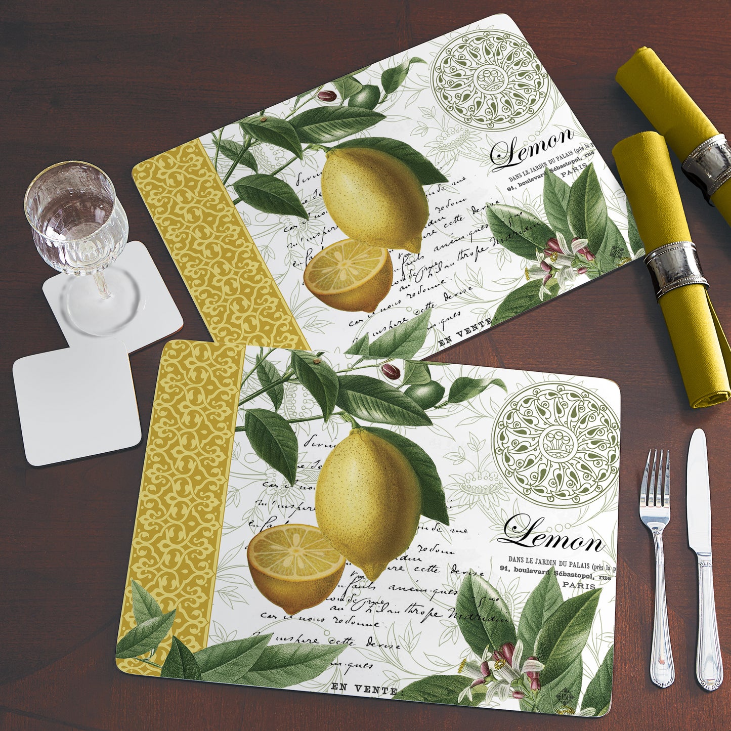 Cala Home Citron Premium Decorative Hardboard Tabletop Placemats 4-Pack Manufactured in The USA Heat Tolerant and Easily Wipes Clean