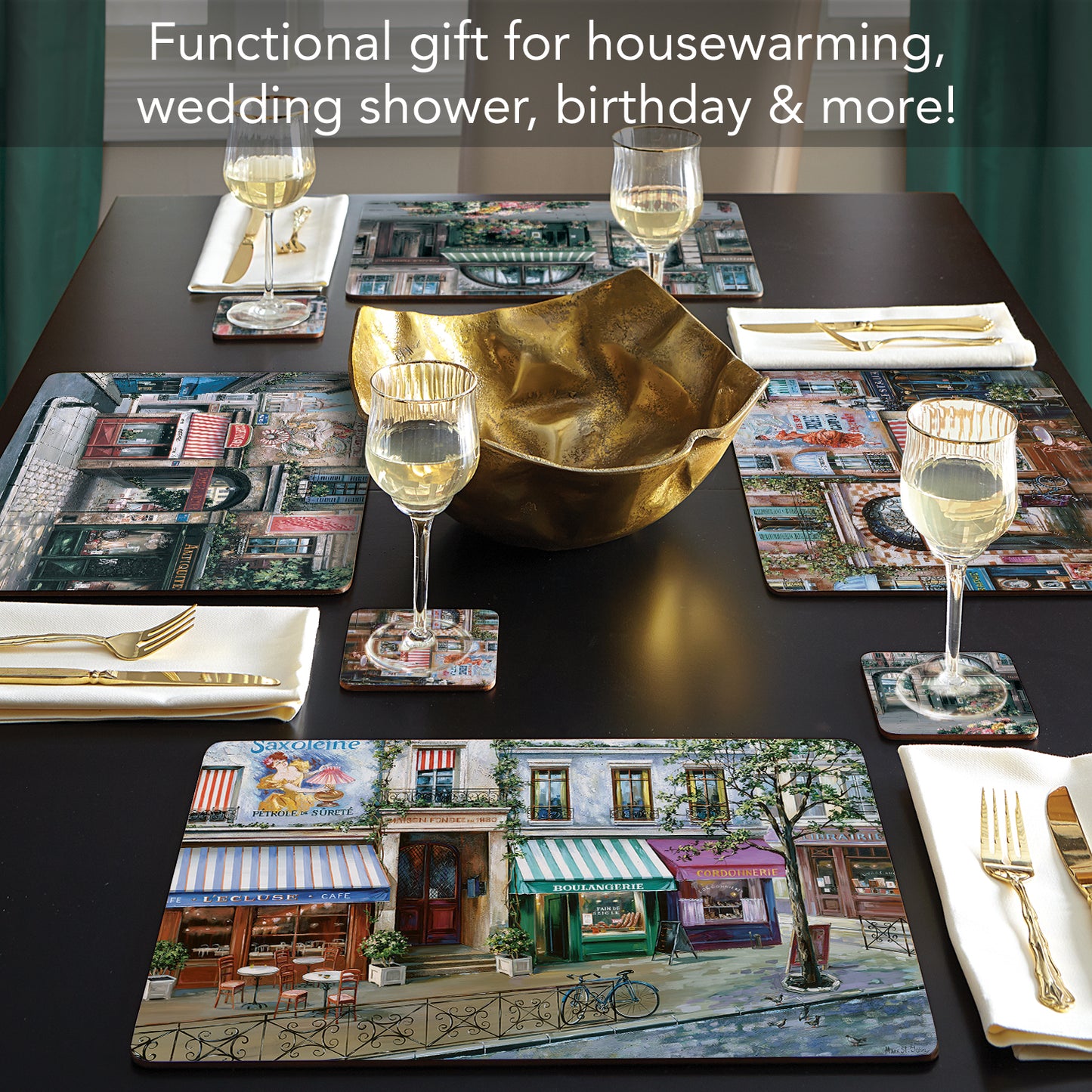 Cala Home Village Square Premium Decorative Hardboard Tabletop Placemats 4-Pack Manufactured in The USA Heat Tolerant and Easily Wipes Clean